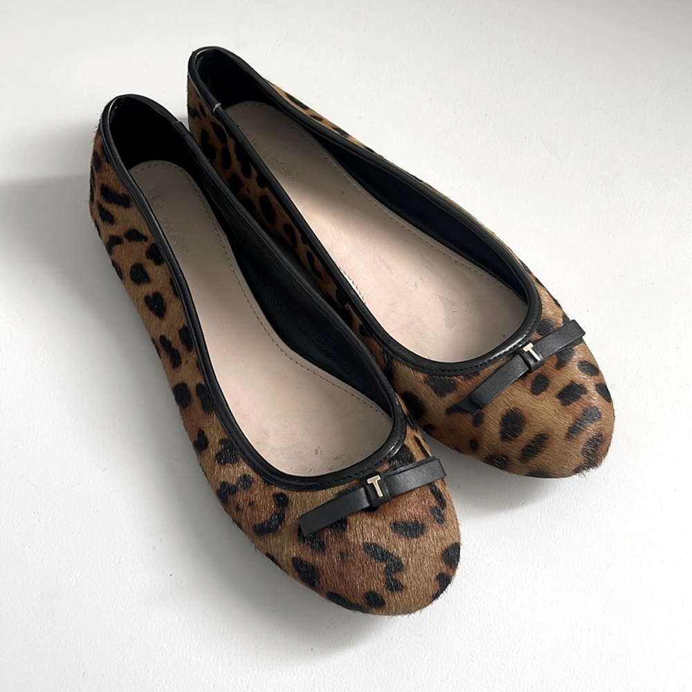 Ted Baker Norha Imitation Leopard Print Bow Pony Hair Ballerina Pump Sz 38 / 7.5